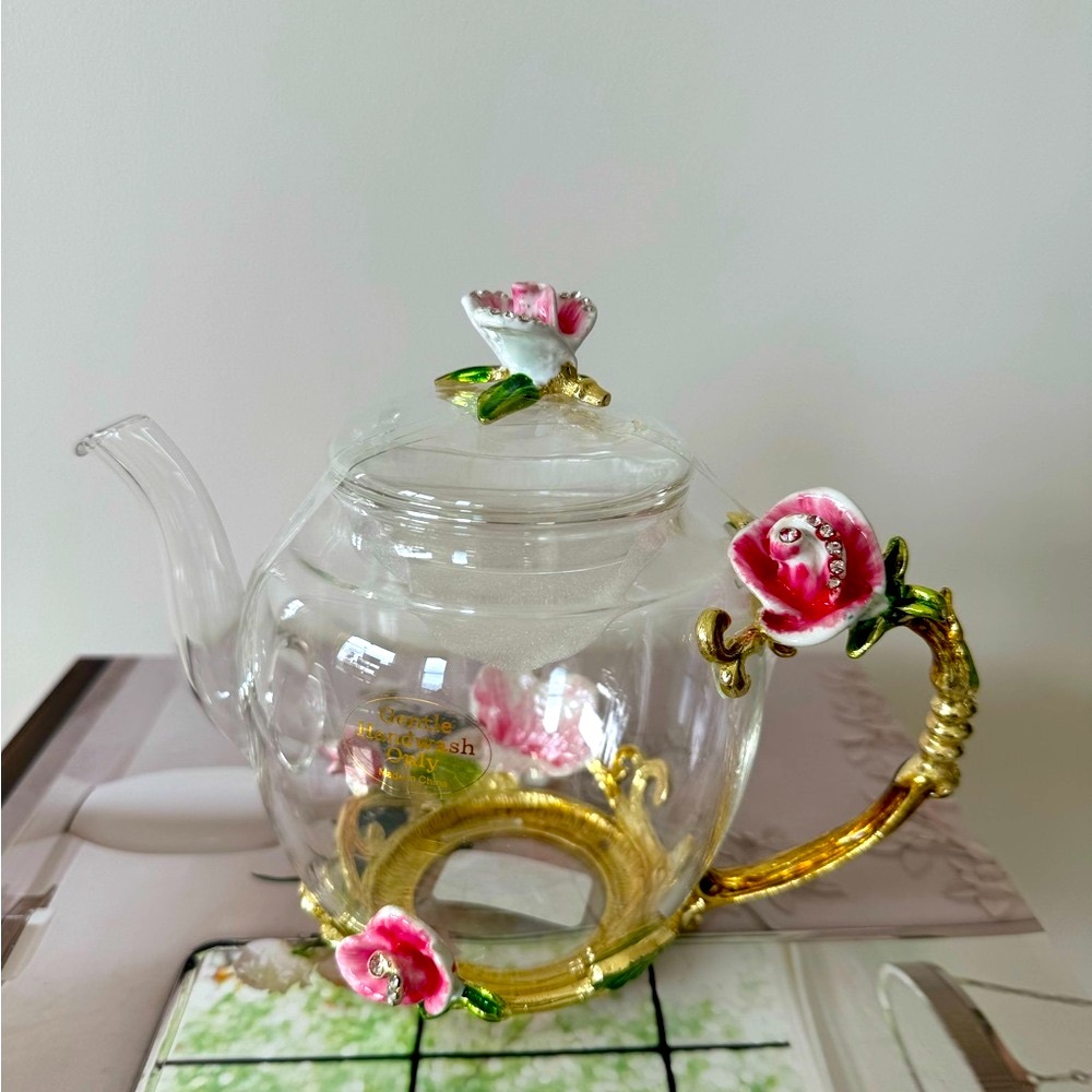 Elegant Glass Floral Teapot with Pink Accents NWT - Picture 7 of 7